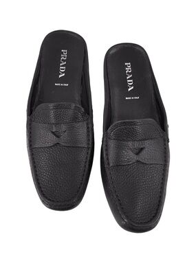 PRADA Black Pebbled Leather Penny Loafer Mules 37/7